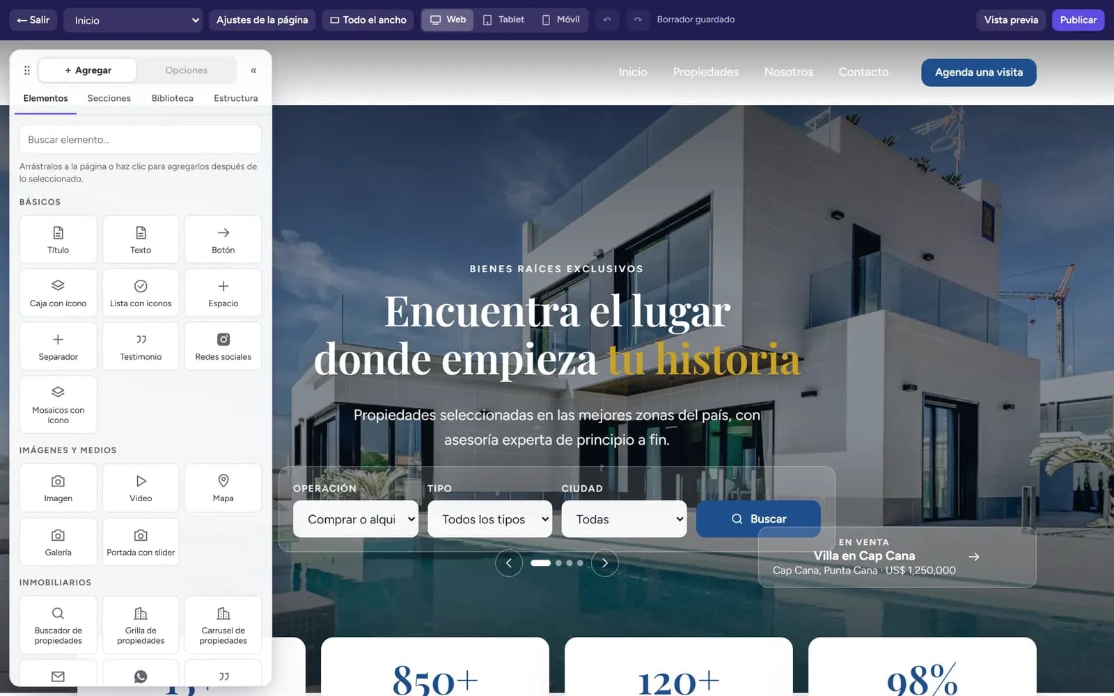 Editor del sitio web de NovoProspect con el diseño Costa: panel de elementos a la izquierda y la portada con buscador de propiedades