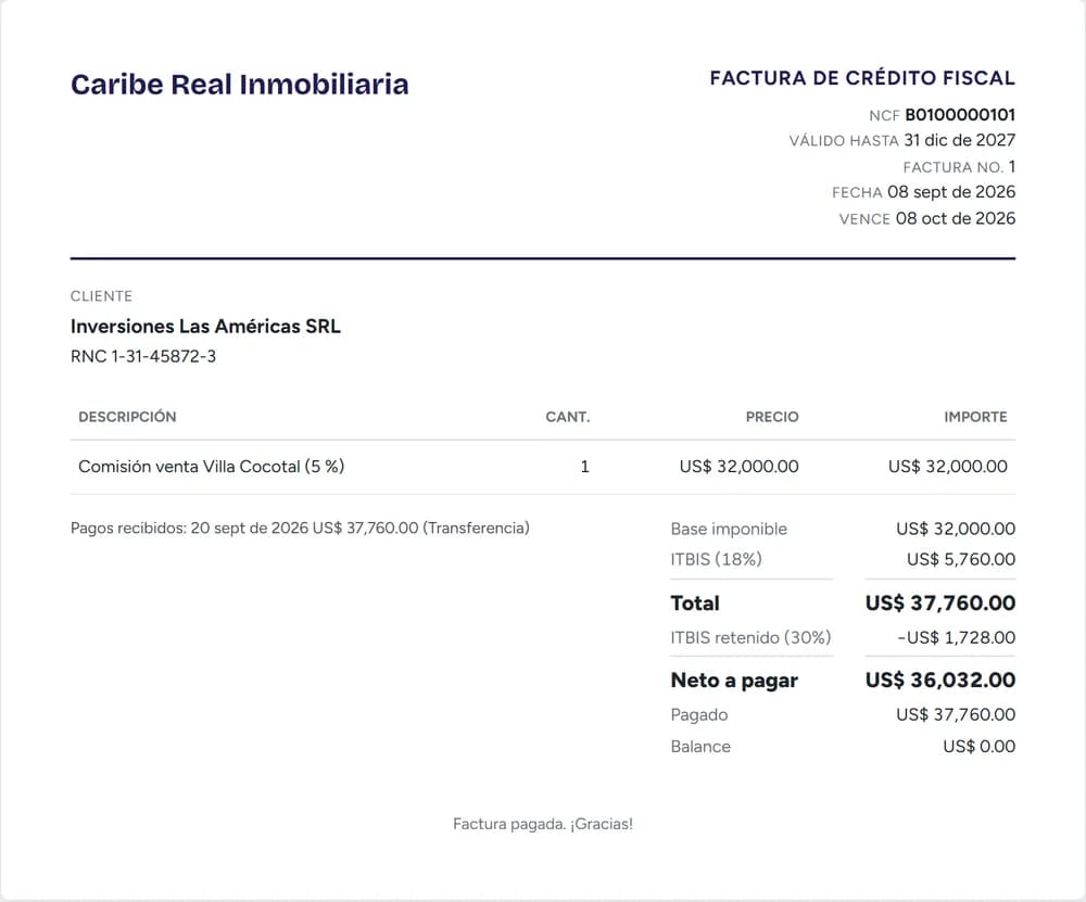 Factura de crédito fiscal en PDF con NCF B0100000101, ITBIS, retención del 30 % y neto a pagar