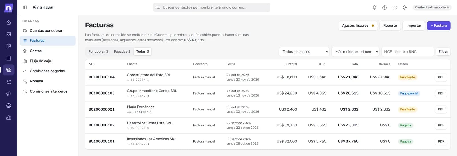 Lista de facturas con NCF, cliente, ITBIS, total, balance y estado (pendiente, pago parcial o pagada)